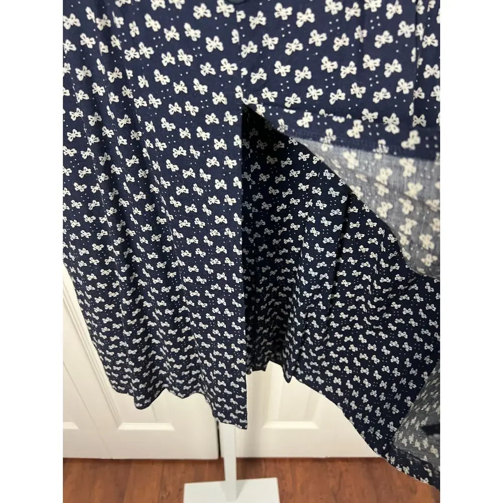 Vintage Bow Print Romper Dress Blue Rayon 90s Button‎ Front XS